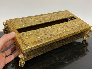 Vtg Art Nouveau Gold Gilt Ormolu Ornate Cherub Putti Table Napkin Holder Tray