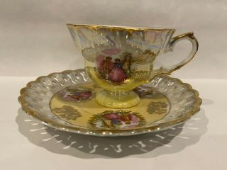 Vintage Tilso Japan Iridescent Victorian Yellow W Gold Gilt Teacup & Saucer