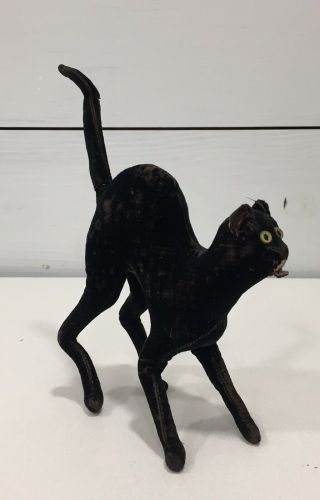 Vintage Old Scary Black Halloween Cat - Stuffed - Black Velvet - Glass Eyes