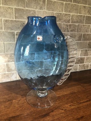 Vtg Mid Century Blenko Handmade Blue Art Blown Glass Fish Vase Funky Boho Cool
