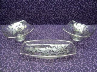 Set Of 3 Vintage Glass W/ Floral Silver Overlay 2 Serving Bowls & 1 Celery Dish