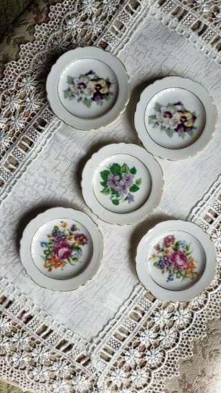Set Of 5 Handpainted Pansy Violets Bouquet Butter Pats 3 1/4 "
