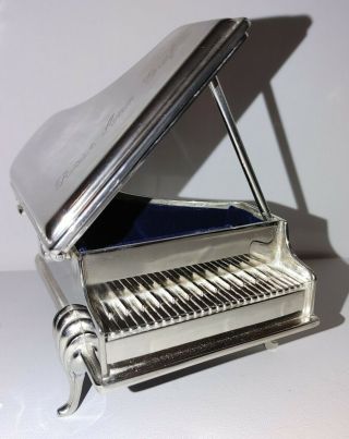 Vintage Silver Tone Filigree Piano Jewelry Music Box Plays " Music Of The Night "