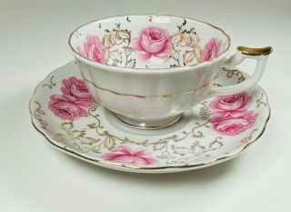 White Porcelain Footed Tea Cup Saucer Pink Roses Gold Gilt Trim Accents Vintage