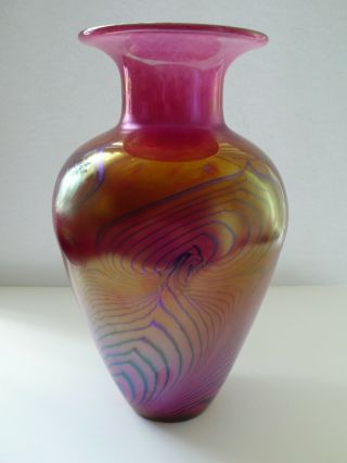 Vintage Large Robert Held Canada Iridescent Pulled Feathers Art Glass Vase 12 "