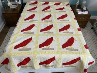 Vtg Handmade Quilt Bedspread Coverlet Red Cardinal Applique 77  X 95