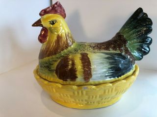 Vintage Italy Chicken Hen Rooster Large Covered Soup Tureen Casserole Dish
