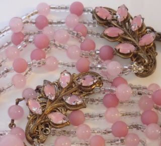 Vintage Miriam Haskell Gilt Brass Matte Pink Art Glass Bead Rhinestone Necklace