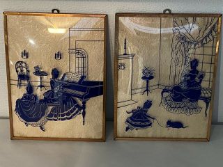 Vintage Reverse Painted Silhouette On Convex Glass Pictures Set Of 2 Cat Piano
