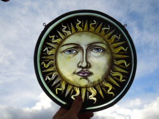 Vintage Stained Glass Fragment Of A Sun With Face.