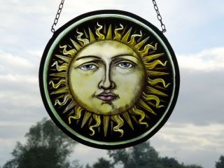 Vintage Stained Glass Fragment of a Sun with Face. 2