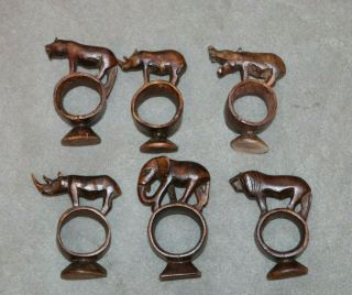 6 African Hand Carved Wood Napkin Rings,  Elephant,  Rhino,  More