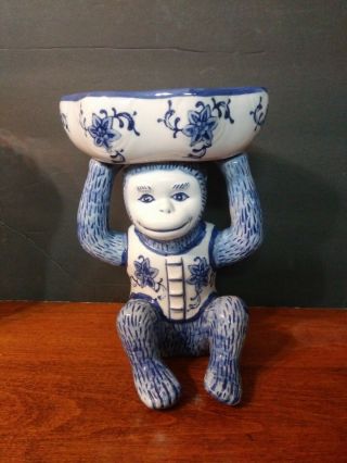 Blue & White Porcelain Monkey Figurine Planter
