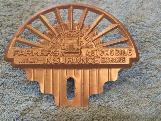 Vintage Farmers Insurance Automobile License Plate Topper Brass/copper