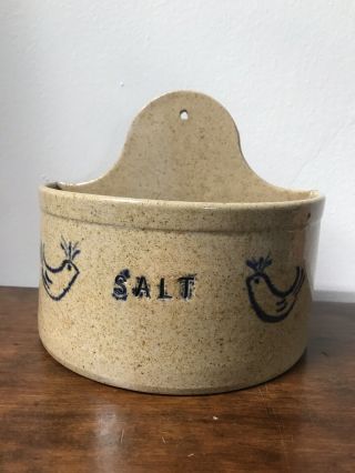 Vintage Ceramic Salt Cellar Wall Hanging Box Blue With Birds Signed Lr Brown ‘83