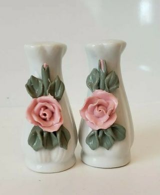 Vintage Porcelain Flower Pink Roses Vases Salt & Pepper Shakers