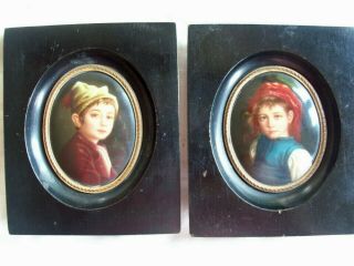 Antq.  Franz Xaver Thallmaier 3.  5 " Oval Portraits,  Framed Hansel & Gretel