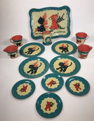 Rare Vtg Ohio Art Litho Tin Toy Tea Set F.  B.  Peat " Gingham Dog & Calico Cat "