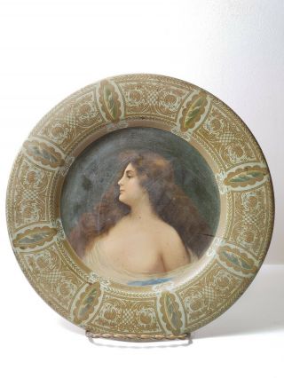 Antique 1905 Patent Tin Litho Lady Portrait Plate Victorian Vienna Art