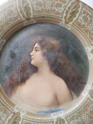 Antique 1905 Patent Tin Litho Lady Portrait Plate Victorian Vienna Art 2