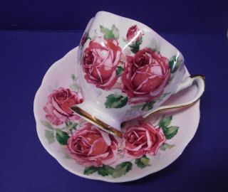 Vtg Queen Anne Tea Cup Saucer Large Pink Cabbage Roses Pink Background England