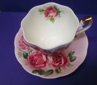 VTG QUEEN ANNE TEA CUP SAUCER LARGE PINK CABBAGE ROSES PINK BACKGROUND ENGLAND 2