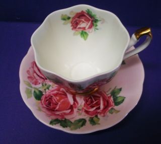 VTG QUEEN ANNE TEA CUP SAUCER LARGE PINK CABBAGE ROSES PINK BACKGROUND ENGLAND 3