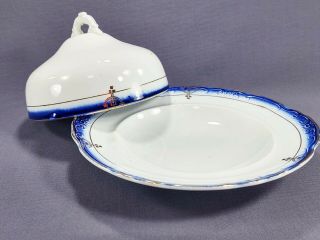 Vintage Blue And White Porcelain Covered Serving Plate Cheese Keeper Butter Dish