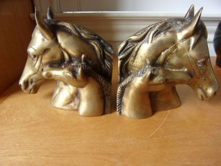 Rare Vintage Solid Brass 2 Heads Horse Head Bookends Mare & Colt