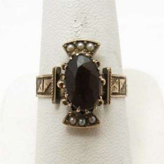 Vintage 10k Yellow Gold Garnet & Seed Pearl Etched Detail Ring Size 7