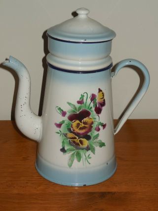 Antique Vintage French Enameled Biggin Coffee Pot - Pansy Flowers By Japy France
