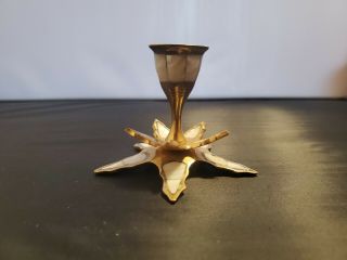 Vintage Brass Mother Of Pearl Abalone Shell Inlay Candlestick Holder.