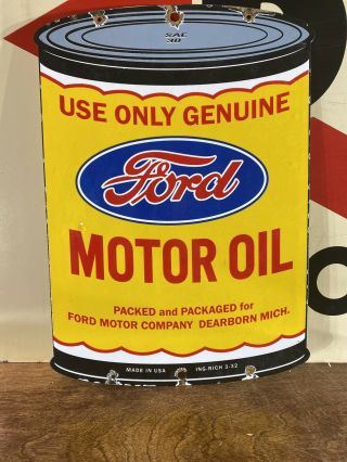 Ing - 3 - 32 Large Vintage  Ford  Motor Oil Can Porcelain Sign 16x11.  5 Inch Usa