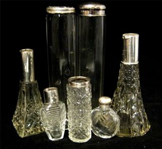 Selection Of 7 Vintage Clear Glass Scent Bottle With Silver Rims Or Lids