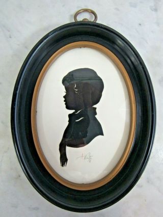 Vintage Portrait Silhouette Picture Boy Child Signed Oval Frame