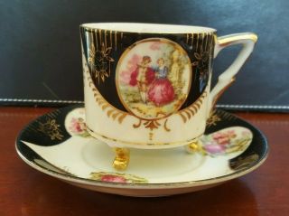 Vintage Royal Sealy Courting Couple Black/gold Footed Tea Cup And Saucer Japan