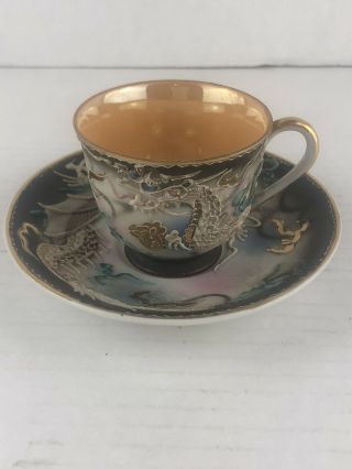 Vintage Hand Painted Orange Japanese Dragon Porcelain Tea Cup Saucer Japan