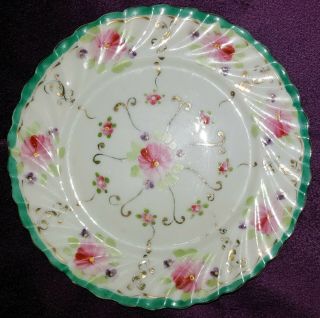 Vintage 8 1/2 Inch Floral Scalloped Plate With Green Edge And Gold Gilding