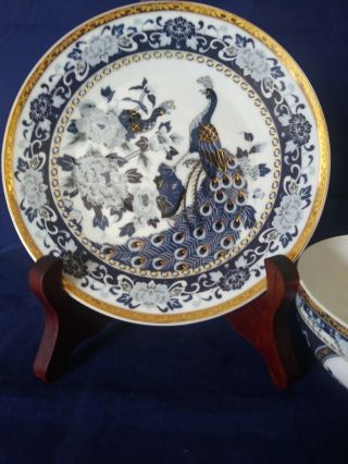 Japanese Porcelain Tea Cup Saucer Hand Painted Gold blue & white peacock 2