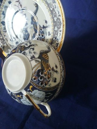 Japanese Porcelain Tea Cup Saucer Hand Painted Gold blue & white peacock 3