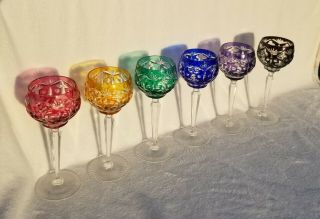 Vintage 6 Color Bohemian Czech Crystal Cut To Clear Wine Goblet Stem Glass 8 "