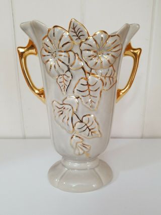 Vintage Nor - So 22k Gold Pottery Vase With Floral Hand Painted Design,  Art Deco.