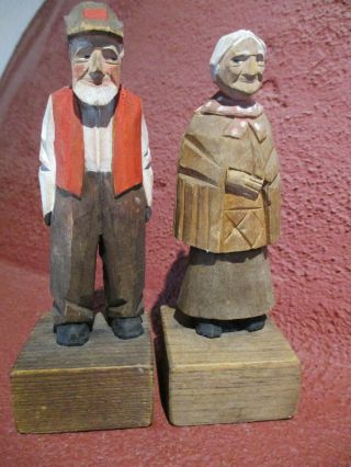 Antique Pair Hand Carved Wood Man Woman Figures 4.  75 "