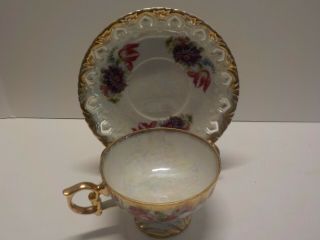 Antique Vintage Teacup And Plate Gold Trim With Flower Design And A Ring Handle