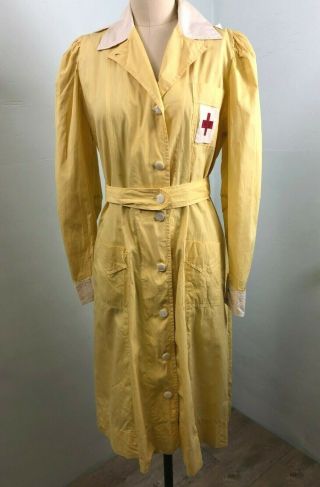 Vintage Yellow Wwii Red Cross Nurse Uniform Long Sleeve Dress With Patch