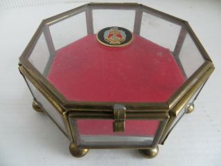 Vintage Octagon Brass Glass Trinket Box 8 Sides Octagonal 4 X 1 1/2 " Footed