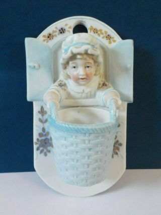 Antique Victorian German Bisque Wall Figurine Girl With A Basket At The Window