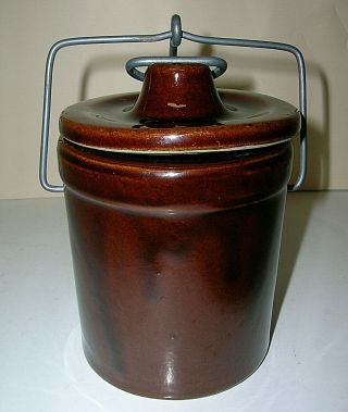 Vintage 3.  25 " Dia.  Brown Glazed Cheese/butter Stoneware Crock With Wire Bail Lid