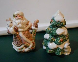 Fitz And Floyd Snowy Woods Salt & Pepper Shaker Set Santa Bunny Christmas Tree