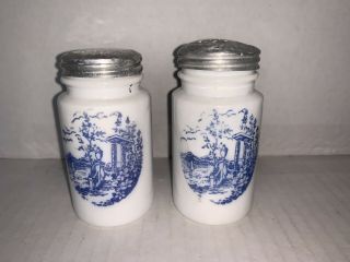 Vintage Vitrock Milk Glass White/ Blue Scenic Salt And Pepper Shakers